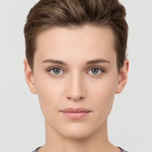 Neutral white young-adult female with short  brown hair and brown eyes