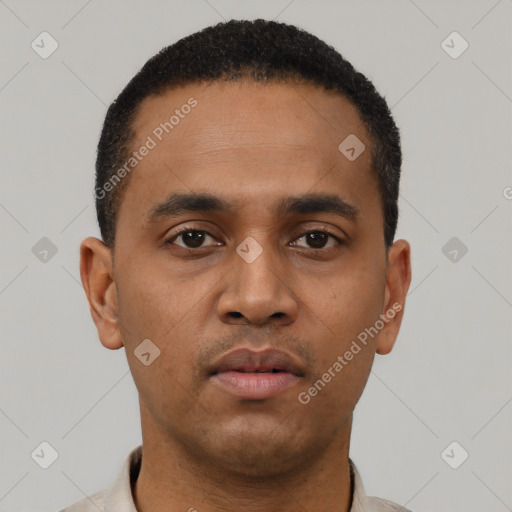 Neutral latino young-adult male with short  black hair and brown eyes