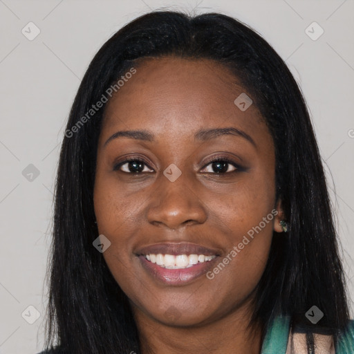 Joyful asian young-adult female with long  black hair and brown eyes
