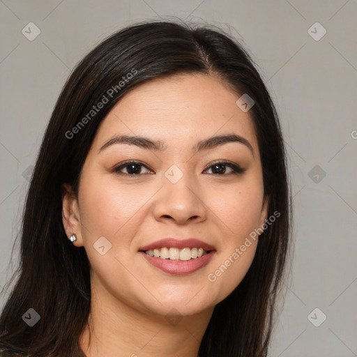 Joyful white young-adult female with long  brown hair and brown eyes