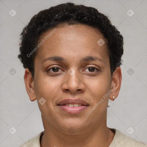 Joyful latino young-adult female with short  brown hair and brown eyes