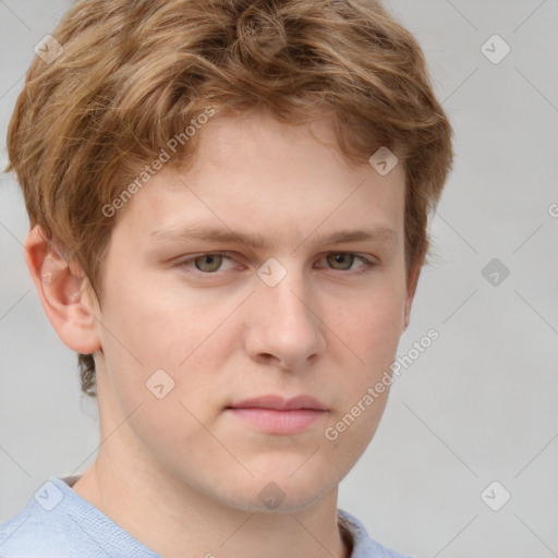 Neutral white young-adult male with short  brown hair and grey eyes