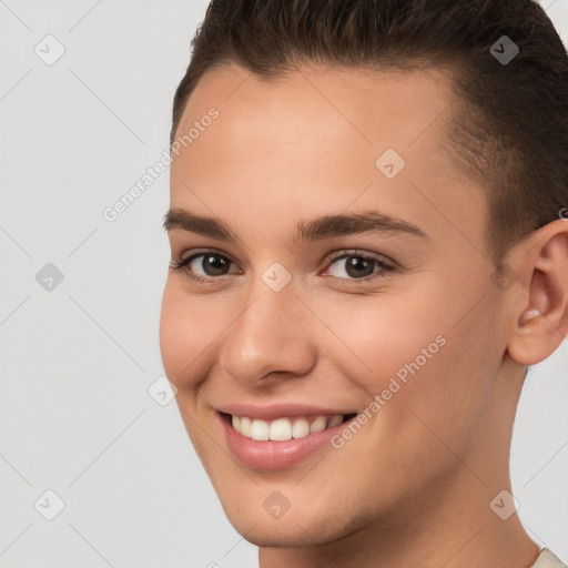 Joyful white young-adult female with short  brown hair and brown eyes