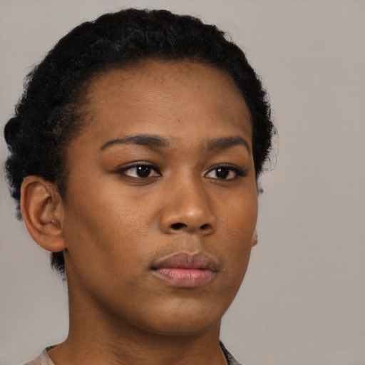 Neutral black young-adult female with short  black hair and brown eyes