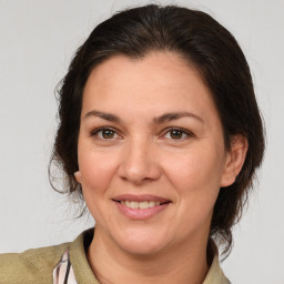 Joyful white adult female with medium  brown hair and brown eyes