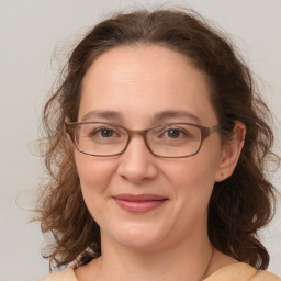 Joyful white adult female with medium  brown hair and grey eyes