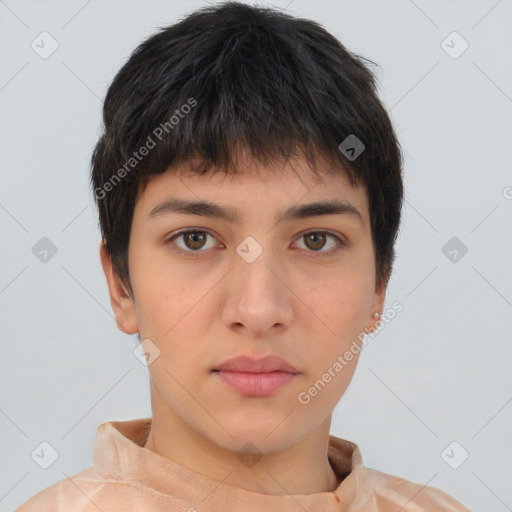 Neutral asian young-adult female with short  brown hair and brown eyes