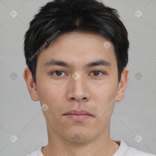 Neutral asian young-adult male with short  brown hair and brown eyes