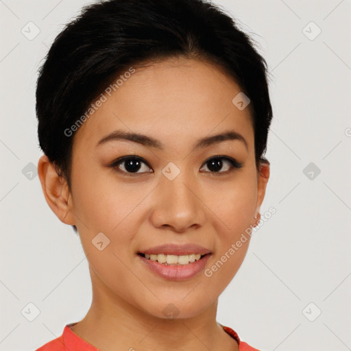 Joyful white young-adult female with short  black hair and brown eyes