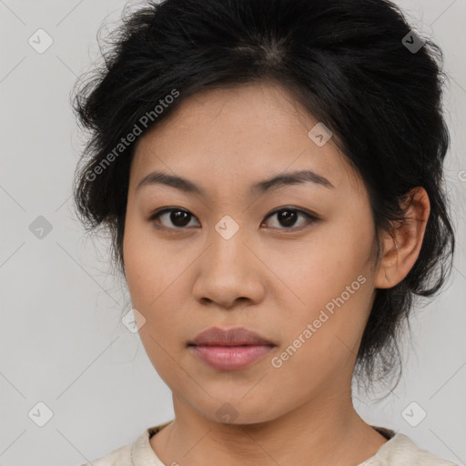 Neutral asian young-adult female with medium  brown hair and brown eyes