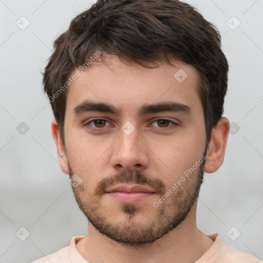 Neutral white young-adult male with short  brown hair and brown eyes