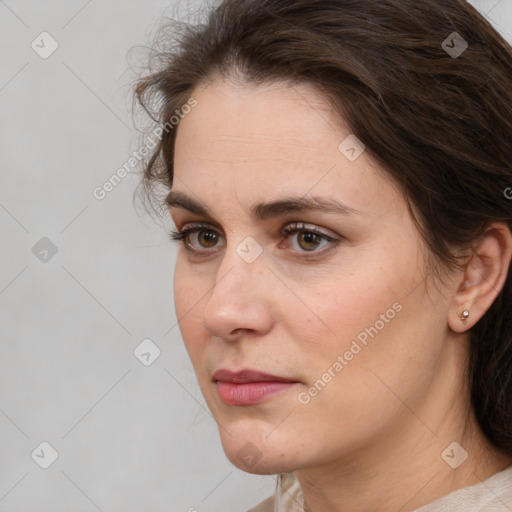 Neutral white young-adult female with medium  brown hair and brown eyes