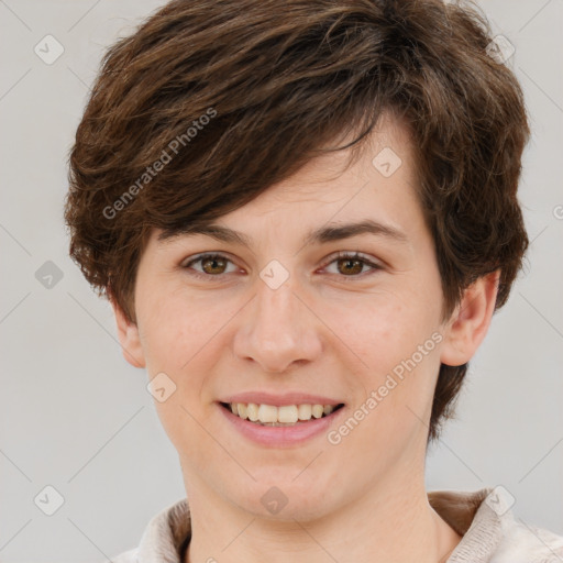 Joyful white young-adult female with short  brown hair and grey eyes