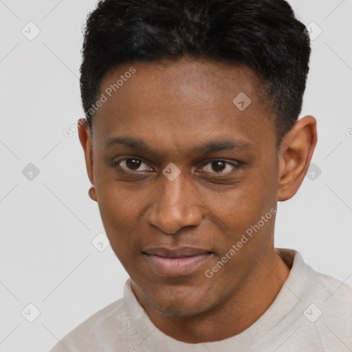 Neutral black young-adult male with short  black hair and brown eyes