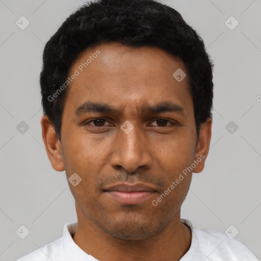 Neutral latino young-adult male with short  black hair and brown eyes