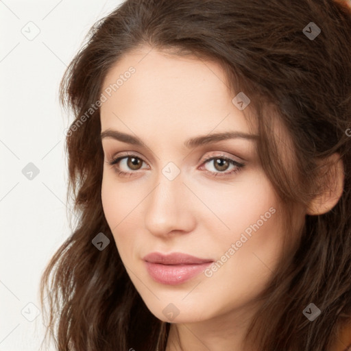 Neutral white young-adult female with long  brown hair and brown eyes