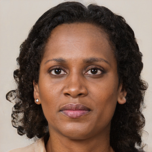 Neutral black adult female with long  brown hair and brown eyes