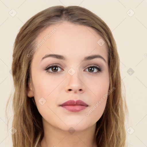 Neutral white young-adult female with long  brown hair and brown eyes