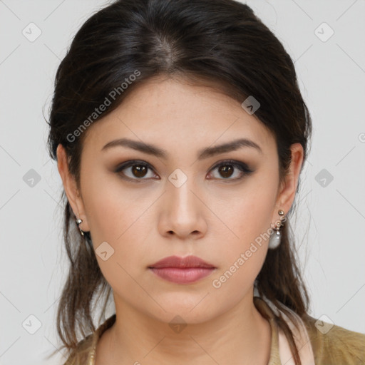 Neutral asian young-adult female with long  brown hair and brown eyes