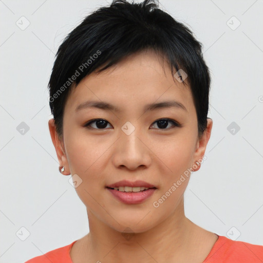 Joyful asian young-adult female with short  brown hair and brown eyes