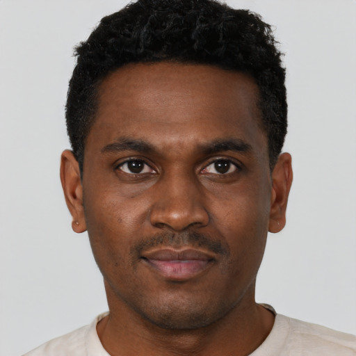 Neutral black young-adult male with short  black hair and brown eyes