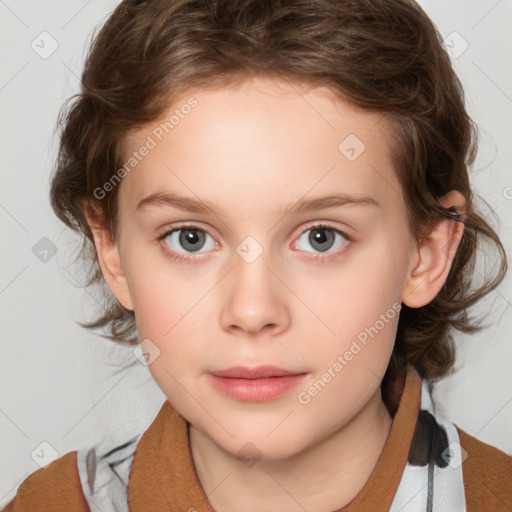 Neutral white child female with medium  brown hair and blue eyes