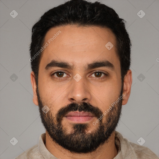 Neutral latino adult male with short  black hair and brown eyes