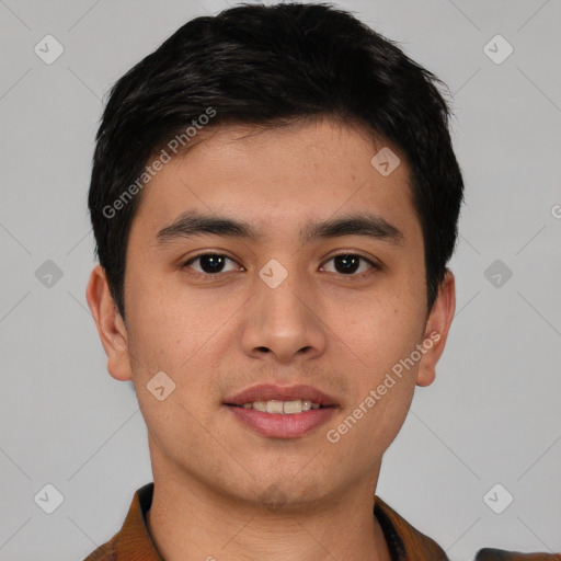 Joyful white young-adult male with short  black hair and brown eyes