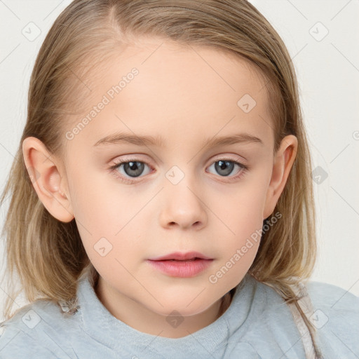 Neutral white child female with medium  brown hair and blue eyes