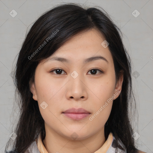 Neutral asian young-adult female with medium  brown hair and brown eyes