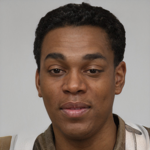 Joyful black young-adult male with short  black hair and brown eyes