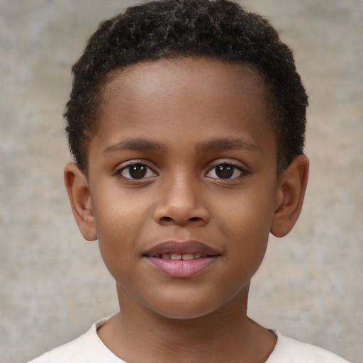 Joyful black child male with short  brown hair and brown eyes