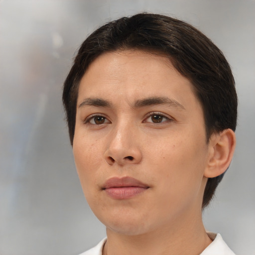 Neutral asian young-adult female with short  brown hair and brown eyes