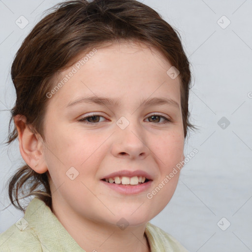 Joyful white child female with medium  brown hair and brown eyes