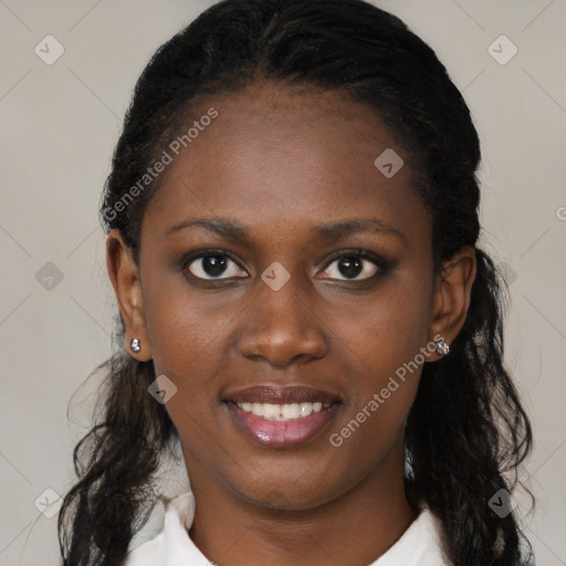 Joyful black young-adult female with medium  black hair and brown eyes