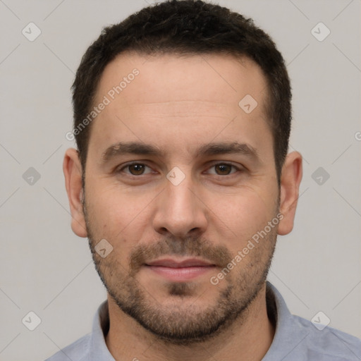 Neutral white young-adult male with short  brown hair and brown eyes