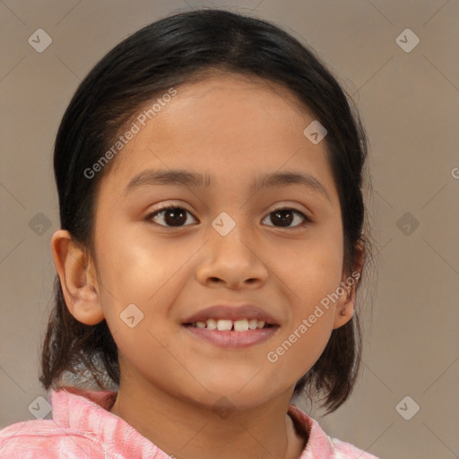 Joyful white child female with medium  brown hair and brown eyes