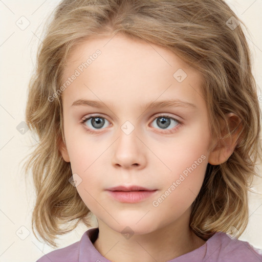 Neutral white child female with medium  brown hair and grey eyes