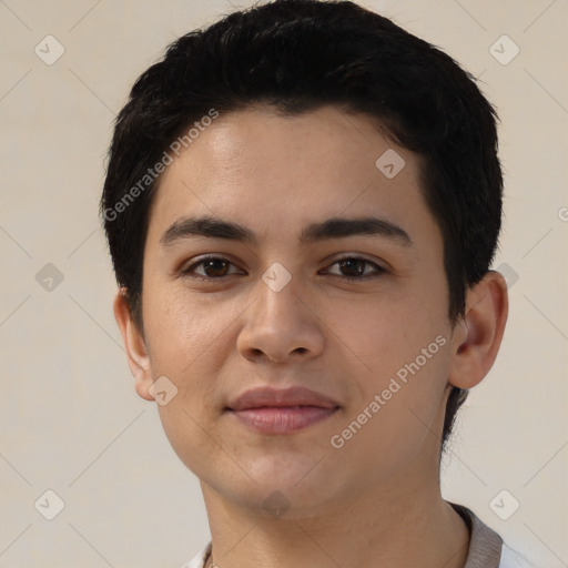 Joyful latino young-adult male with short  black hair and brown eyes