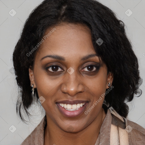 Joyful black young-adult female with medium  brown hair and brown eyes