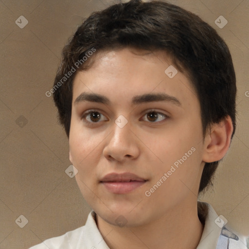 Neutral white young-adult female with short  brown hair and brown eyes