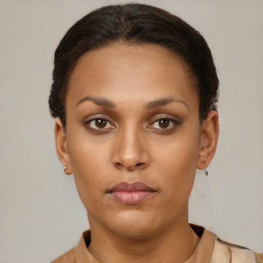 Neutral latino young-adult female with short  brown hair and brown eyes
