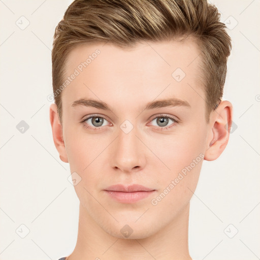 Neutral white young-adult male with short  brown hair and brown eyes