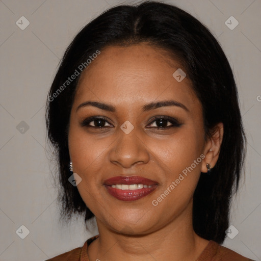 Joyful black young-adult female with medium  brown hair and brown eyes