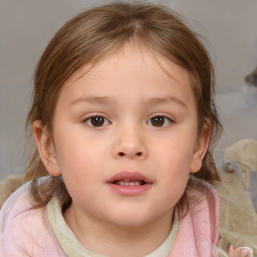 Neutral white child female with medium  brown hair and blue eyes