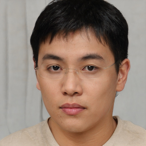 Neutral asian young-adult male with short  brown hair and brown eyes