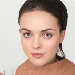 Neutral white young-adult female with short  brown hair and brown eyes