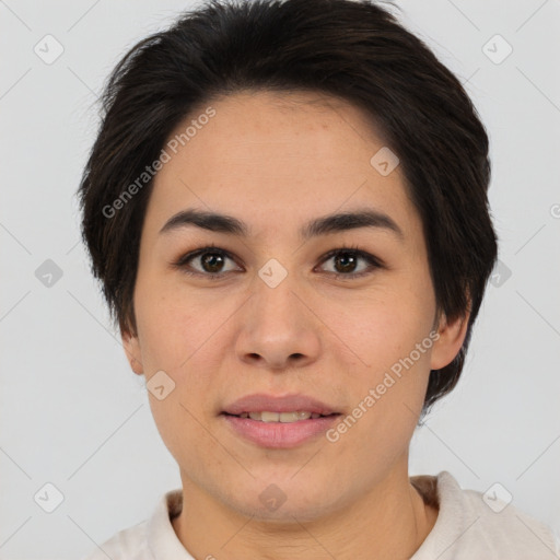 Joyful white young-adult female with short  brown hair and brown eyes