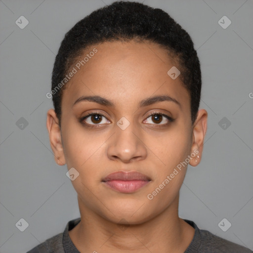 Joyful latino young-adult female with short  brown hair and brown eyes