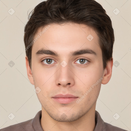 Neutral white young-adult male with short  brown hair and brown eyes